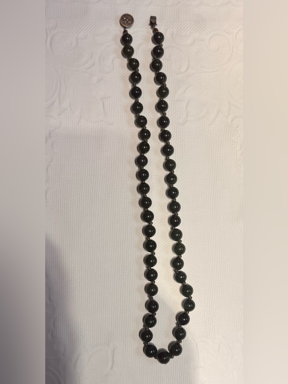 Vintage Natural Nephrite Jade Bead Necklace Sterling Silver Clasp Hand Knotted